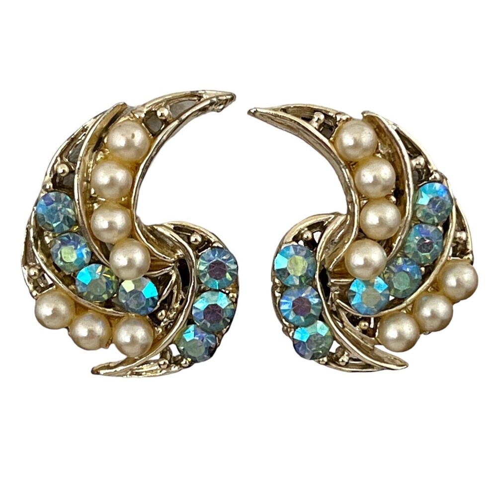 Vintage 1960s Crescent Clip Earrings AB Rhinestone Faux Pearl - 4M